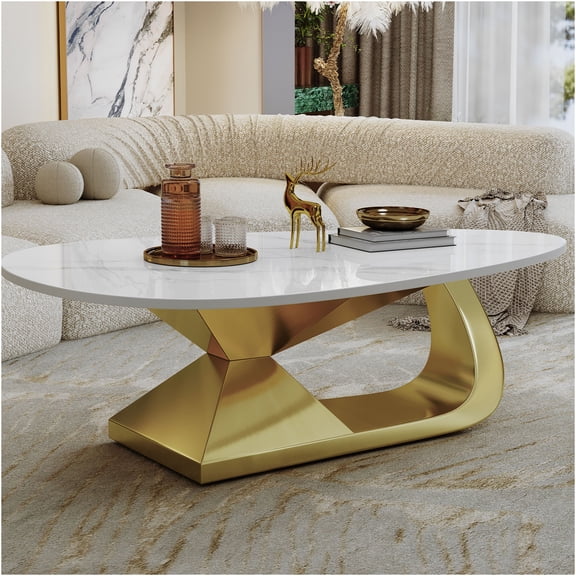 JERFIT 48 inch Modern Faux Marble Coffee Table with Gold Stainless Steel Base, Scratch Resistant Sintered Stone Top Console Table for Living Room