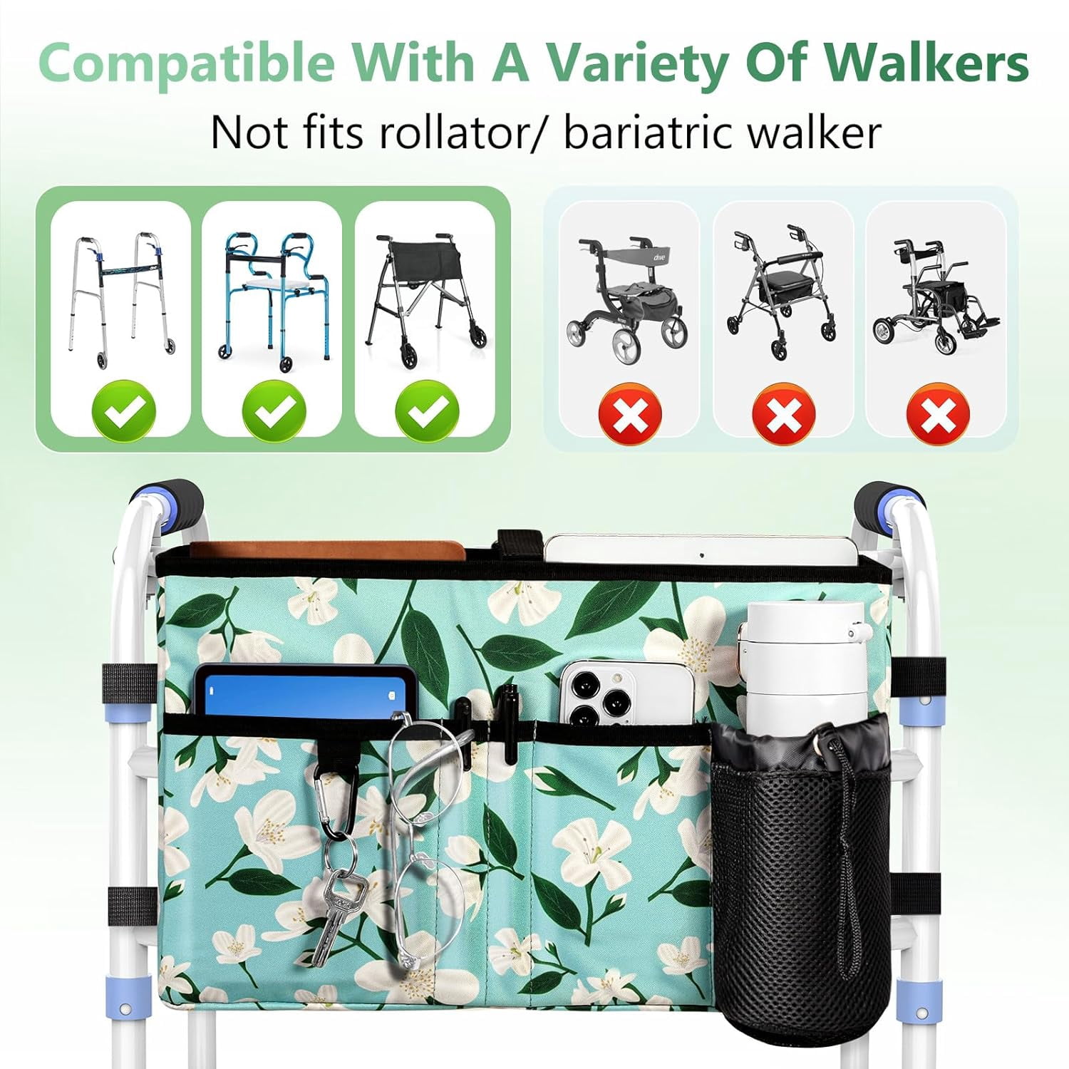 Rhino Valley Walker Bag, Multi Pockets Folding Walker Basket Tote Bag with Cup Holder, Hand-Free Carry Pouch Storage Bag for Universal Walkers, Large Capacity Organizer for Seniors Elderly, Flower