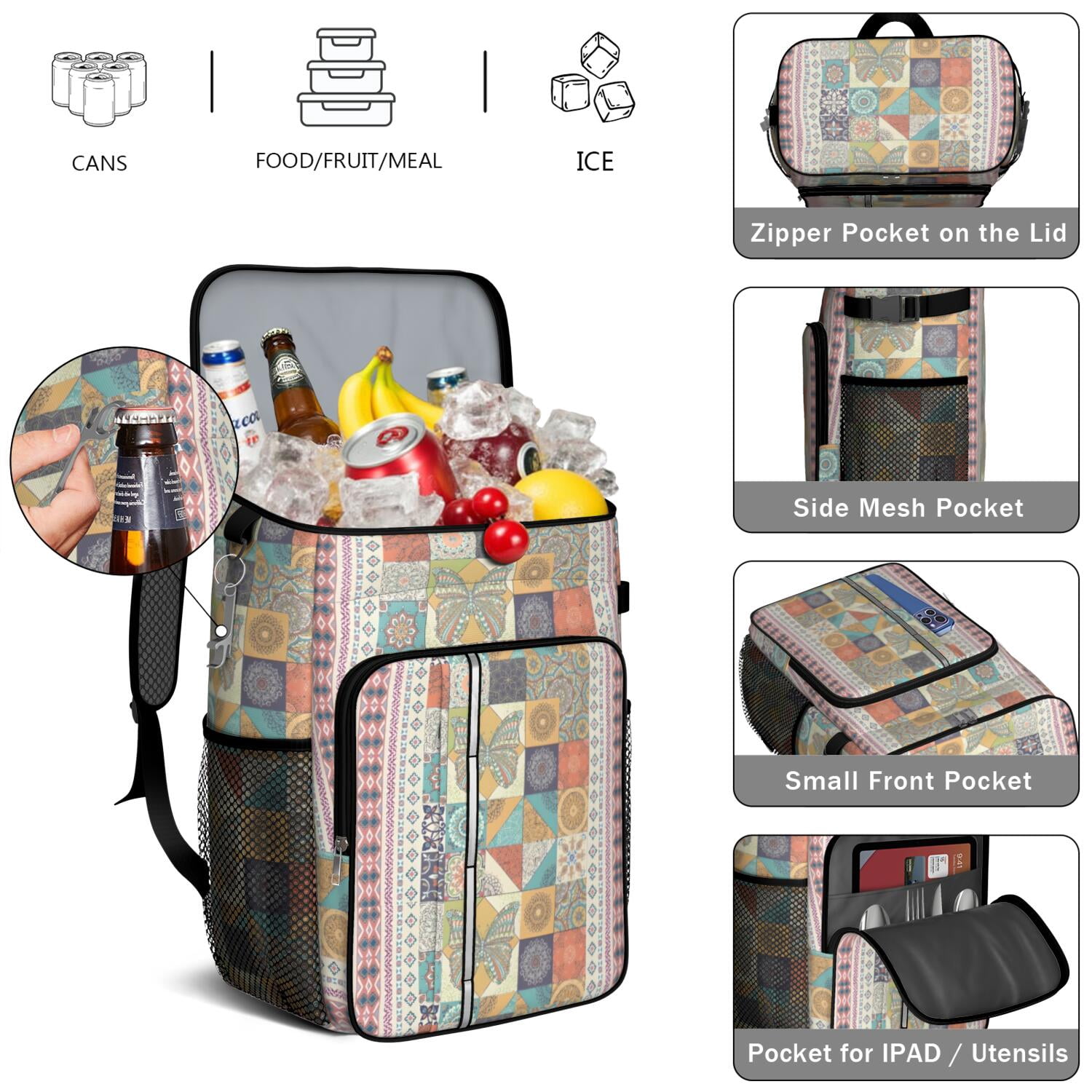 Travel Cooler Bag - Boho Bohemia Flower Camping Beer Cooler Backpack with Bottle Opener- Waterproof Insulated Picnic Backpacks - Cooler Bag for Beach