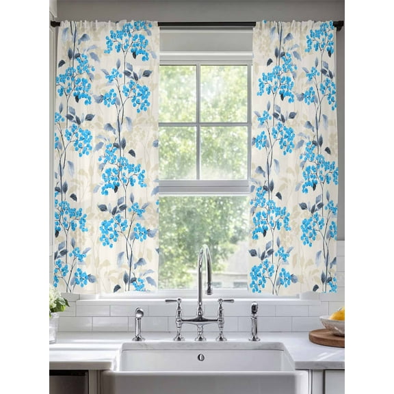 Blue Flowers Sheer Curtains for Living Room Bedroom Farmhouse Pastoral Spring Botanical Plants Sheer Curtains 63 Inch Long 2 Panels Set Light Filtering Curtain Window Treatments Drapes