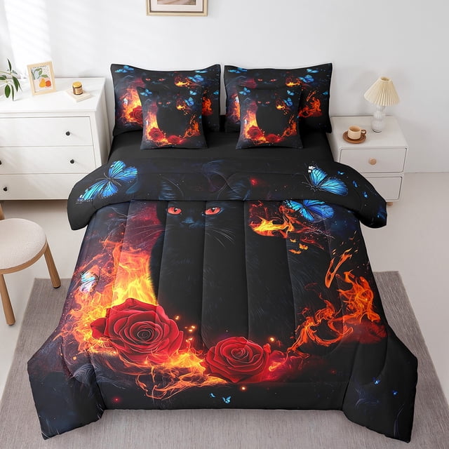 Lit en Sac Chat Noir Complet 7 Pcs pour Garçons Filles Enfants Ensemble de Literie Floral Rose Rouge Ensemble de Couette Butterfly Bleu avec Draps Ensemble de Lit Butterfly Rêveur Ensemble de Draps Imprimé Animal Chat Cool pour Adolescent