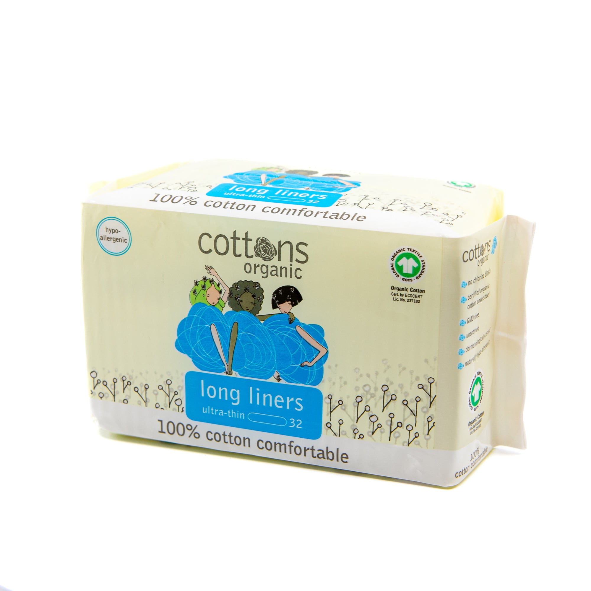 Ultra-Thin Long Liners, 32-Individually Wrapped, Unscented, Certified Organic Cotton Coversheet - Light Absorbency