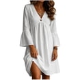 thumbnail image 3 of Vivianyo HD Women's V-Neck Single Button Midi Dress, 3/4 Bell Sleeve Solid Loose Casual Dresses with Side Pocket for Women, Women's White, Sizes S-2XL, 3 of 7