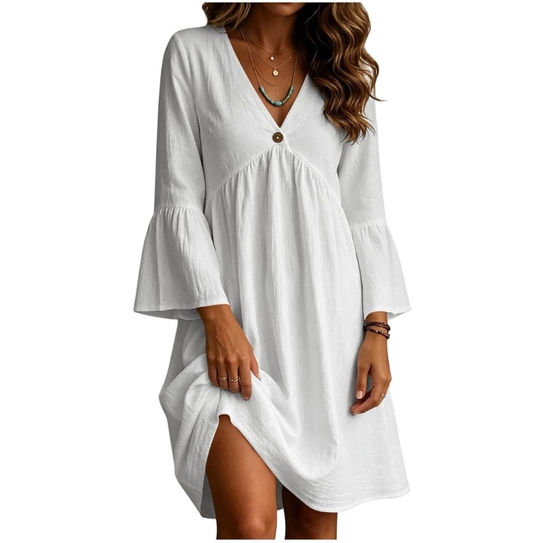 VBVC Women's Cotton Linen Deep V-Neck Tunic Dress , Summer Empire Waist Dress For Women , Ladies' 3/4 Bell Sleeve Babydoll Dress with Pockets,White,S-2XL