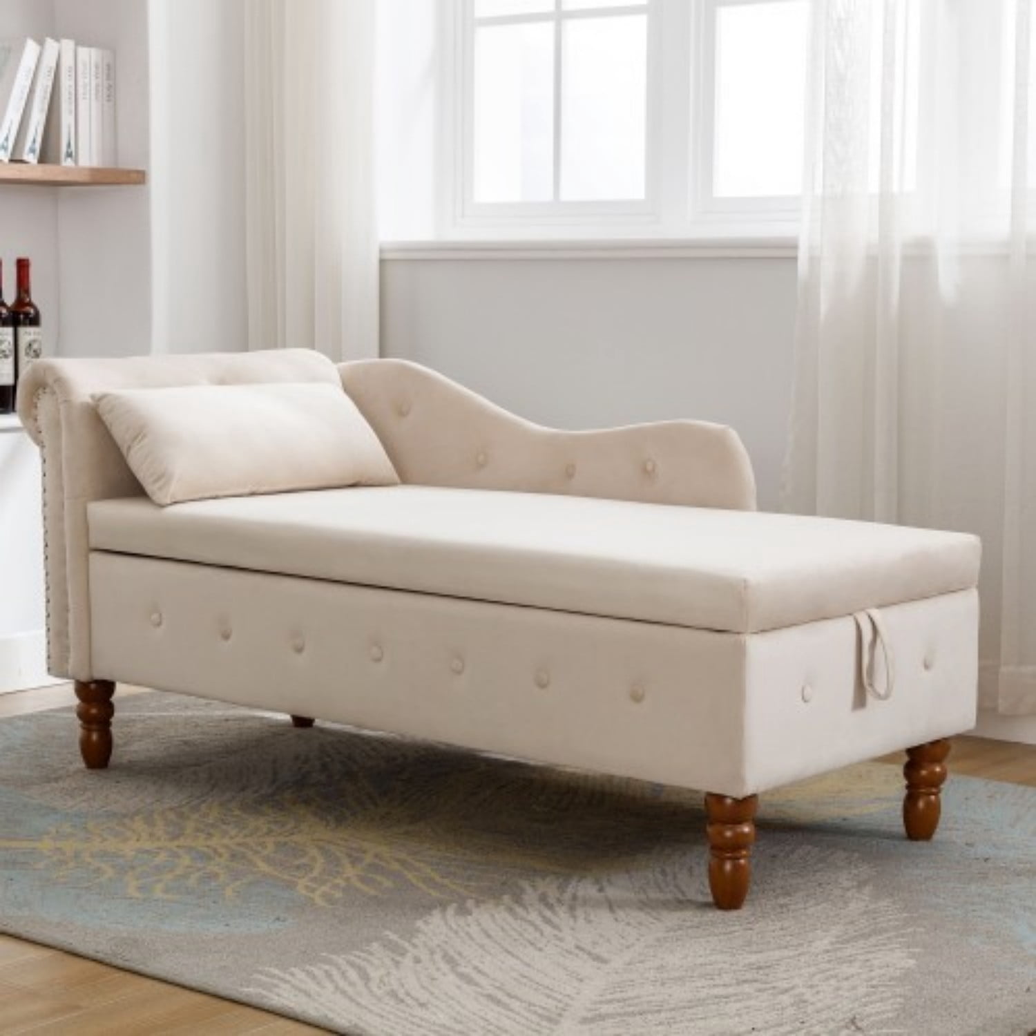 Velvet Chaise Lounge Chair with Storage, Upholstered Chesterfield Lounge Chair with Rolled Arm, Tufted Back, Pillow & Hidden Storage for Living Room, Bedroom & Office, Beige