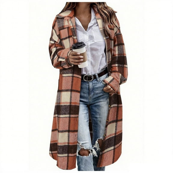 Women's Plaid Shacket Jacket, Long Wool Coat, Trendy Trench Coats, Casual Long Sleeve Overcoat Button Lapel Collar Peacoat Women 2025 Fall Winter Outfits