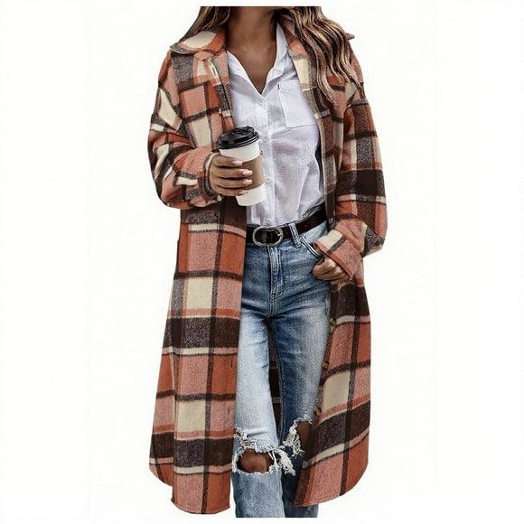 KIHOUT Women Plaid Shacket Jacket Trendy Fall Casual Button Wool Blend Tartan Trench Coat Winter Clothing with Pockets