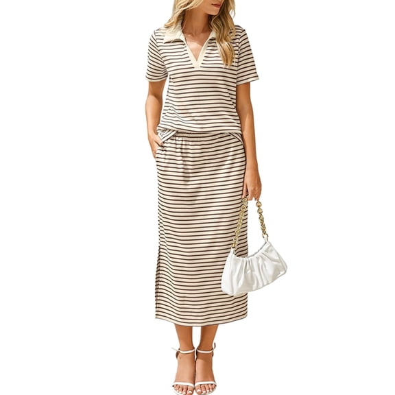 Women'S Skirt Sets 2 Piece Outfits Summer Casual Striped Short Sleeve Skirt and Top Set Khaki S