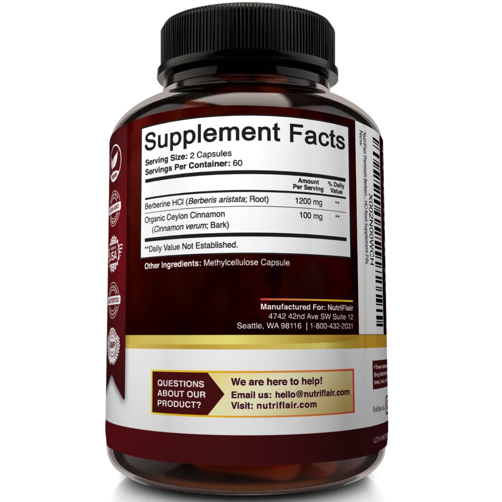 NutriFlair Berberine HCl 1200mg with Ceylon Cinnamon, 120 Capsules – High Potency Berberine Supplement, Non-GMO, Made in USA, 2-Month Supply