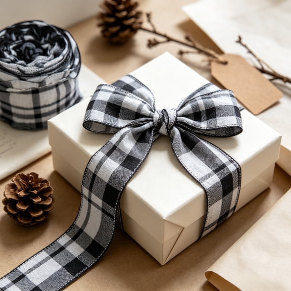 Black Gingham Ribbon, 1.5 Inch x 10 Yards Plaid Ribbon Ruffled Edge Polyester Fabric Craft Ribbons for Gift Wrapping Wedding Invitations Bouquets Christmas Decor