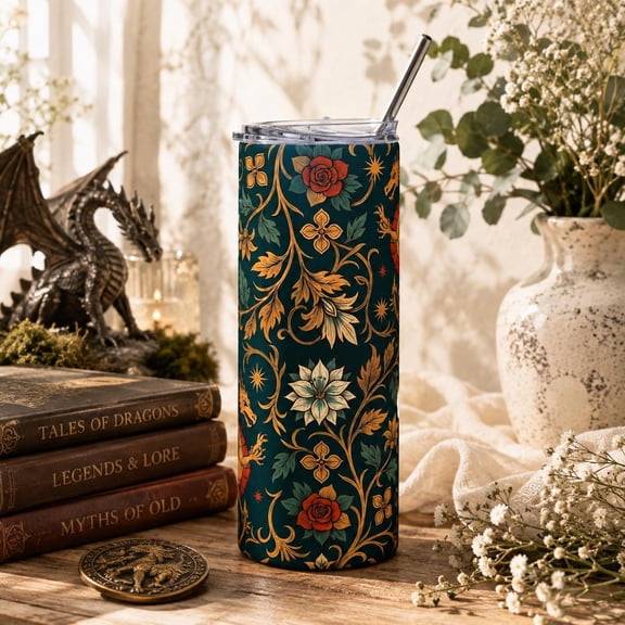 Vintage Gothic Floral Skinny Tumbler 20oz with Lid and Reusable Straw, Stainless Steel Insulated Travel Mug for Hot and Cold Drinks, Cup Holder Friendly Gift for Women Men, Home Work Travel
