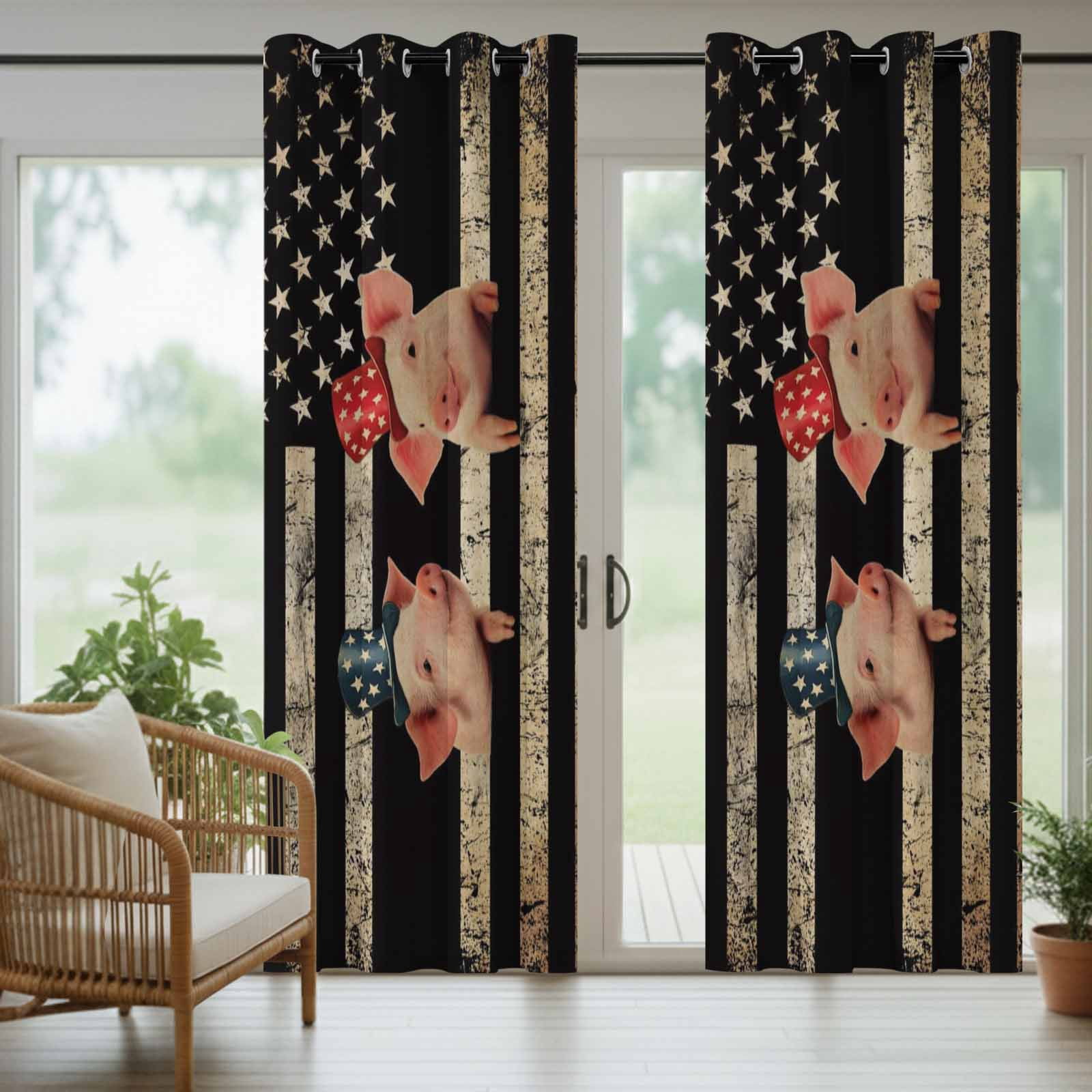 Independence Day Outdoor Curtains for Patio, Retro Five-Pointed Star U.S. Flag Farm Funny Pigs Sunshade Privacy Drapes Grommet Waterproof Outside Curtains for Porch/Cabana/Balcony 54"x 108", 1 Panel