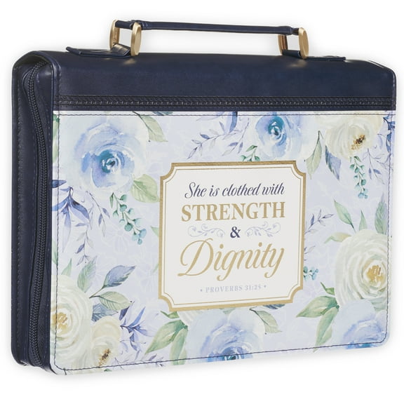 Christian Art Gifts Fashion Vegan Leather Bible Cover Case for Women: Strength & Dignity Gold Inspirational Scripture, Sturdy Easy Carry Book Bag, Pen Loops, Pockets, Navy Blue & White Floral, Medium