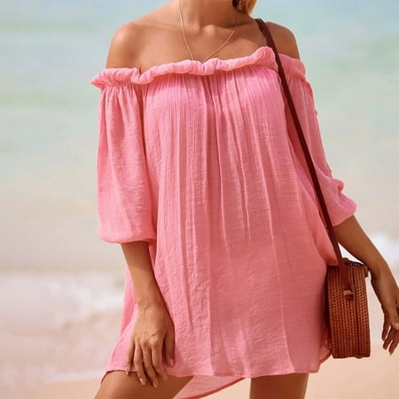 QIUYI Beach Beachwear  Long Sleeve Swimsuit Cover Up Tunics  Knit Swimwear  Women Sexy Hollow Out Short Dress  Bikini Cover-Ups