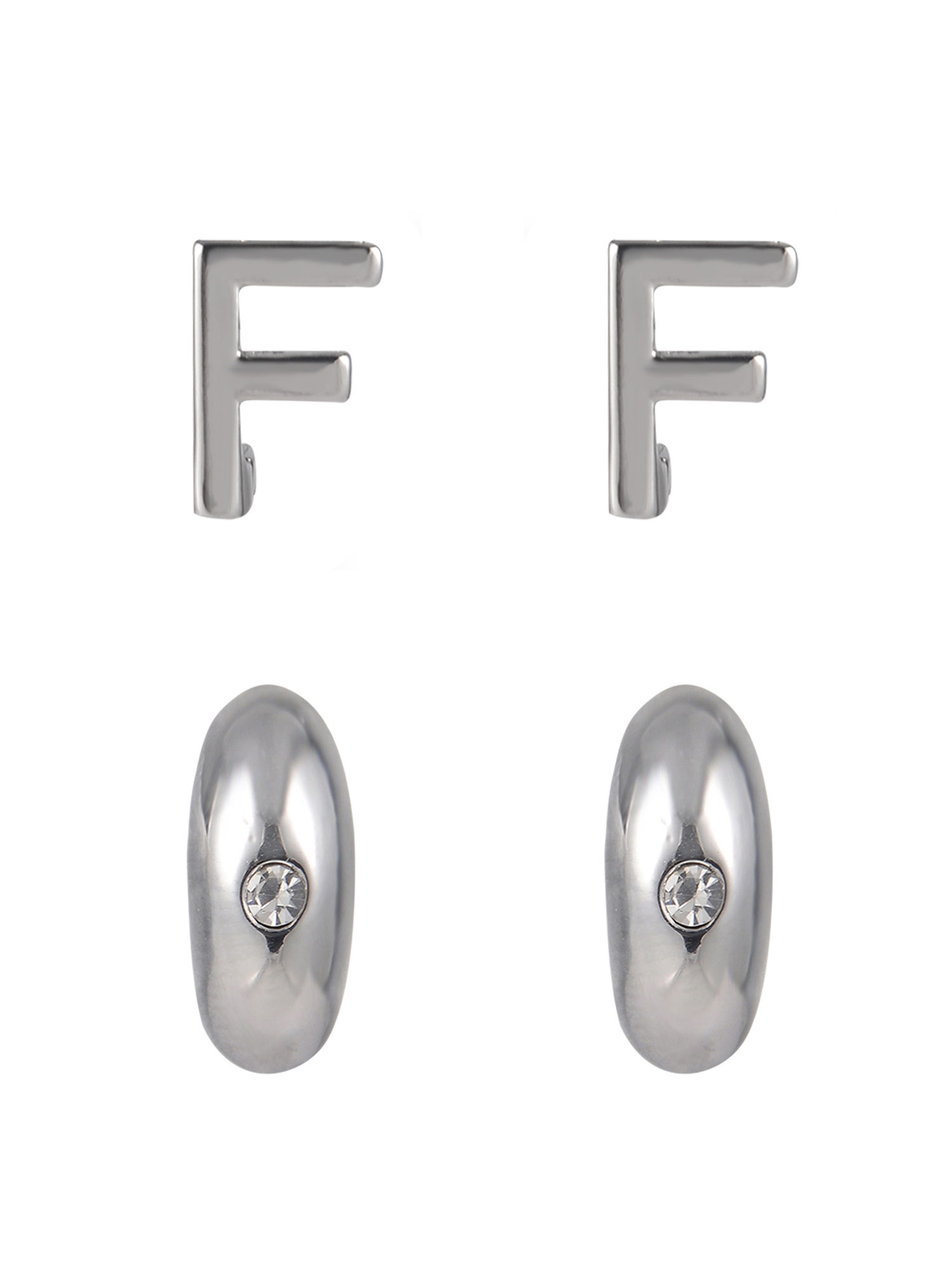 Time and Tru Silvertone 3-On Crystal Stud, Hoop, Initial "F" Earring Set