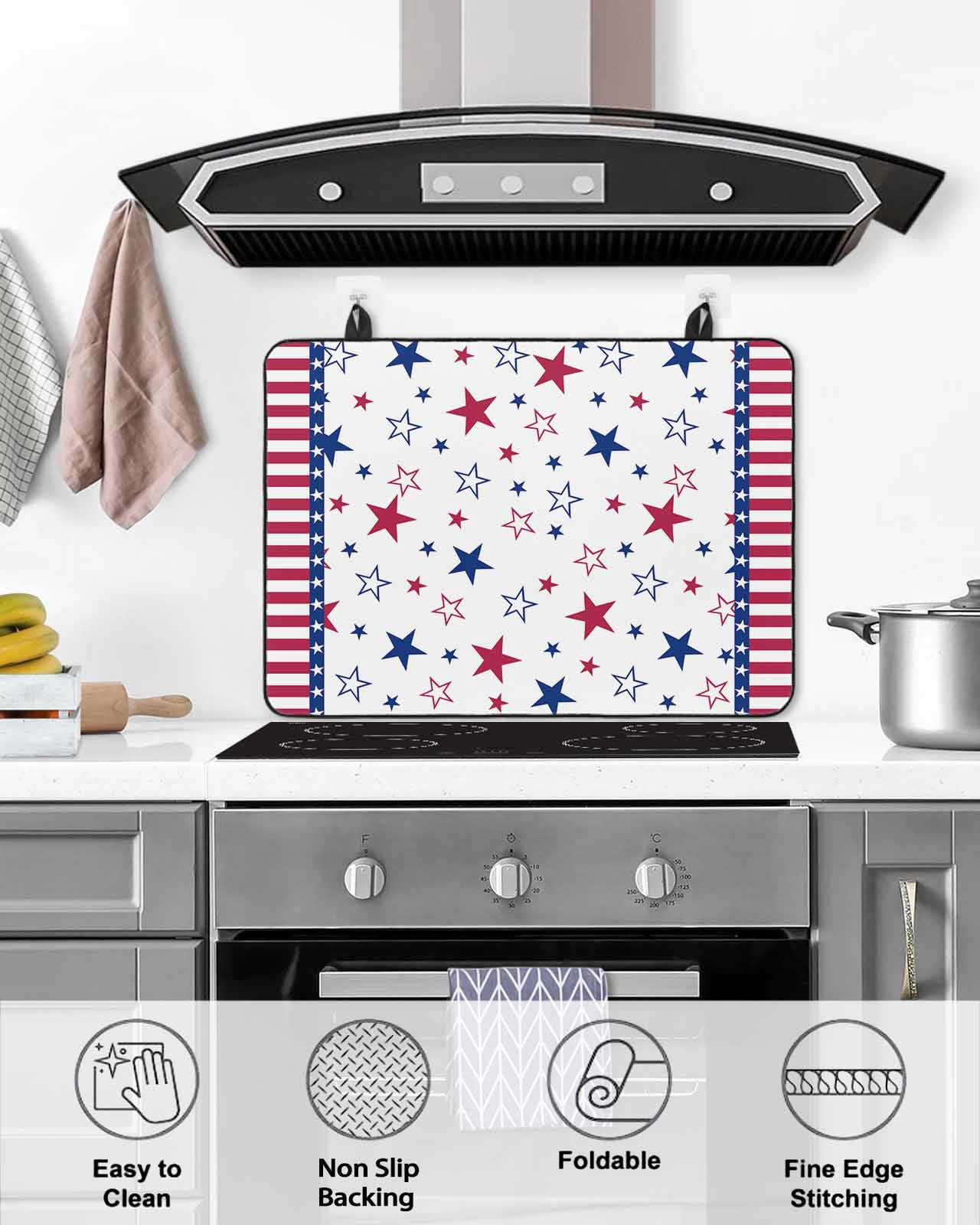 nqOlkjepod Large Induction Cooktop Protector Mat 24"x21", 4th of July Stove Top Covers for Electric Stove, Blue Red Stripe Stars Independence Day Stove Burner Cover Mats, Glass Top Stove Cover
