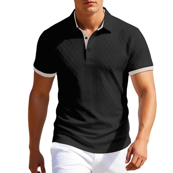Summer Mens Color Block Knit Polo Shirts Lightweight Textured V Neck Short Sleeve Casual Top Black L