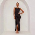 thumbnail image 4 of Olive Green Satin Slip Dress With Side Slit, Ruched Waist, Sleeveless Maxi Evening Gown, 4 of 8