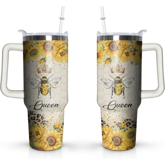 Bee 40 oz Tumbler with Handle and Straw Lid- 100% Leak Proof Travel Stainless Insulated Tumbler, Cup Holder Friendly, Perfect for Outdoor Travel, Car, and Sports