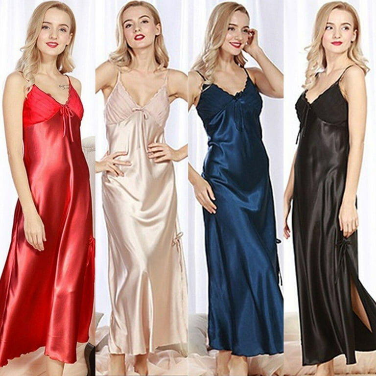 Women Ladies Sexy Satin Long Nightdress Silk Lace Lingerie Nightgown Sleepwear Walmart
