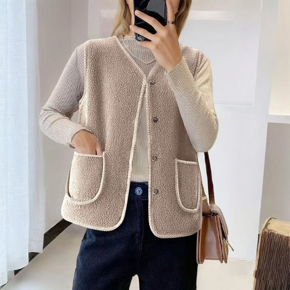 TIANZEN Shearling Vest Winter Warm Lined Sleeveless Jacket Cozy Teddy Stand Collar Outerwear For Cold Weather Half Zip Vest Quilted Riding Jacket Vest Zip