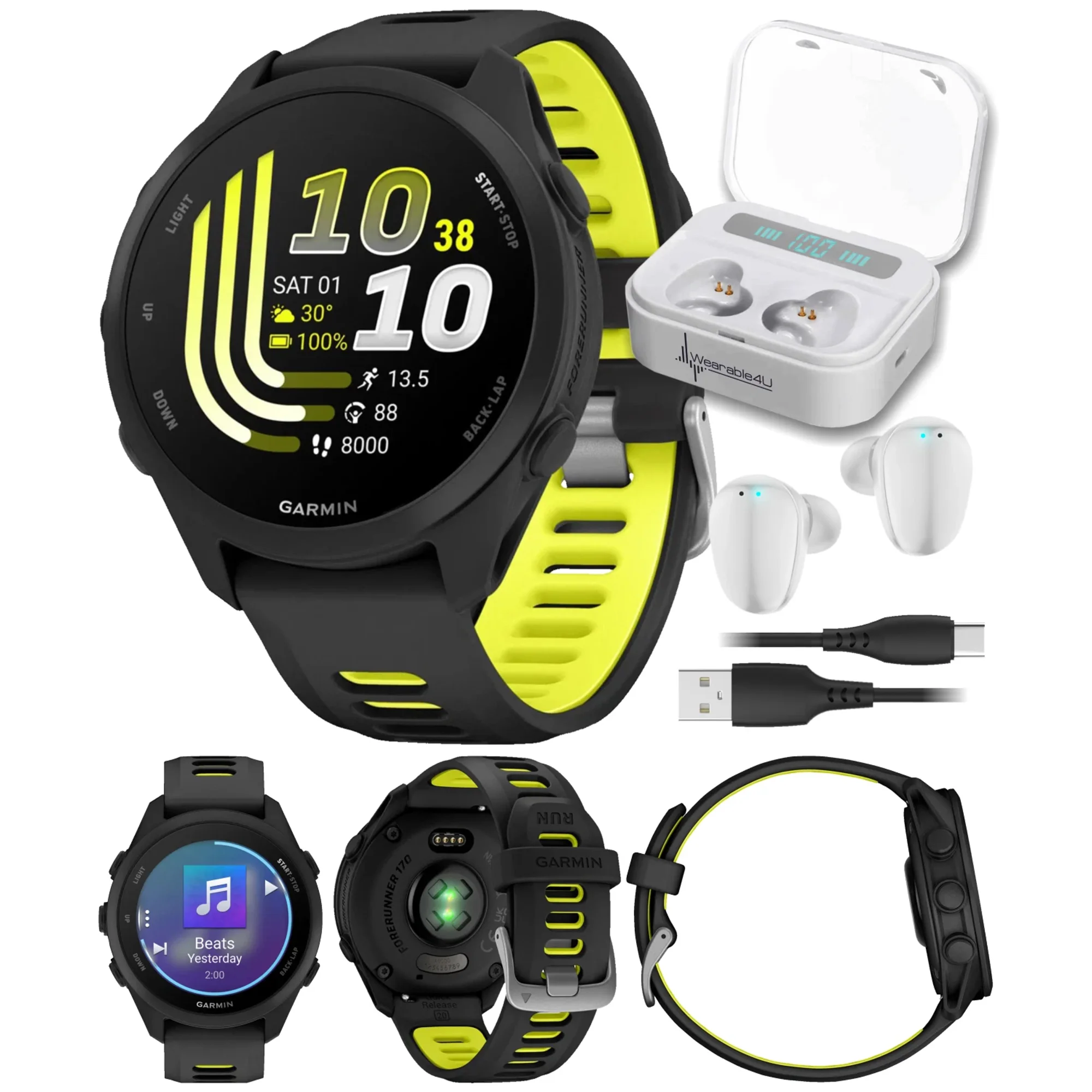 Garmin Forerunner 170 Music GPS Running Smartwatch Advanced Training Metrics and Recovery Insights Plus Music Storage Black with Black/Amp Yellow Band with Wearable4U WHT EarBuds Bundle