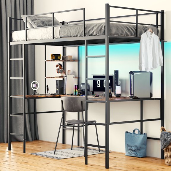 Mirightone Full Loft Bed with Storage Shelves, Metal Loft Bed with ...