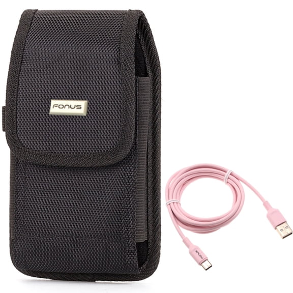 Case Belt Clip   6ft USB-C Cable for Motorola One 5G Ace Phone - Rugged Holster Canvas Cover and  Pink Charger Cord Power Wire Combo for Motorola One 5G Ace