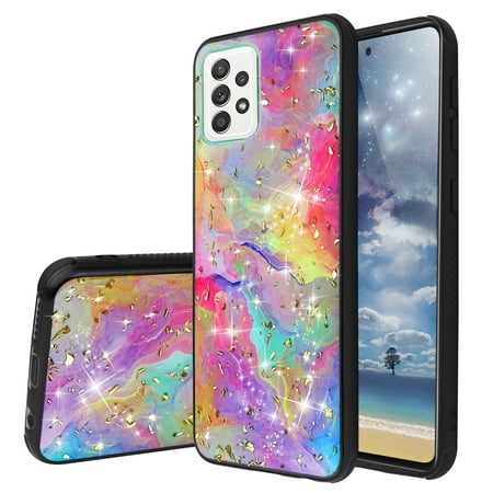 TJS Compatible with Samsung Galaxy A52 5G/A52s Case, Shiny Chrome Flake Glitter Back Skin Full Body Soft TPU Rubber Bumper Drop Protector Cover (Rainbow)