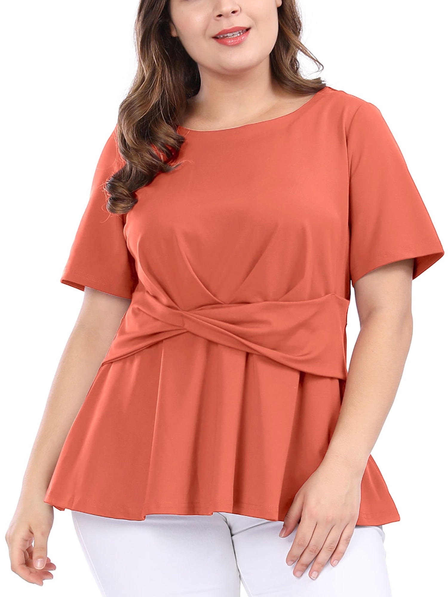 Unique Bargains Womens Plus Size Knot Front Short Sleeve Peplum Top