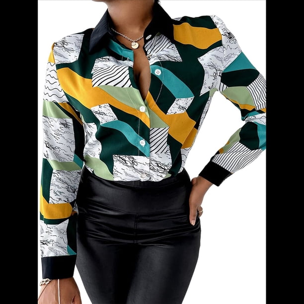 Blusas para Mujer, con Botones, Estilo Informal, de Negocios, de Larga, Elegantes y Sexys. Impresión Verde XXL