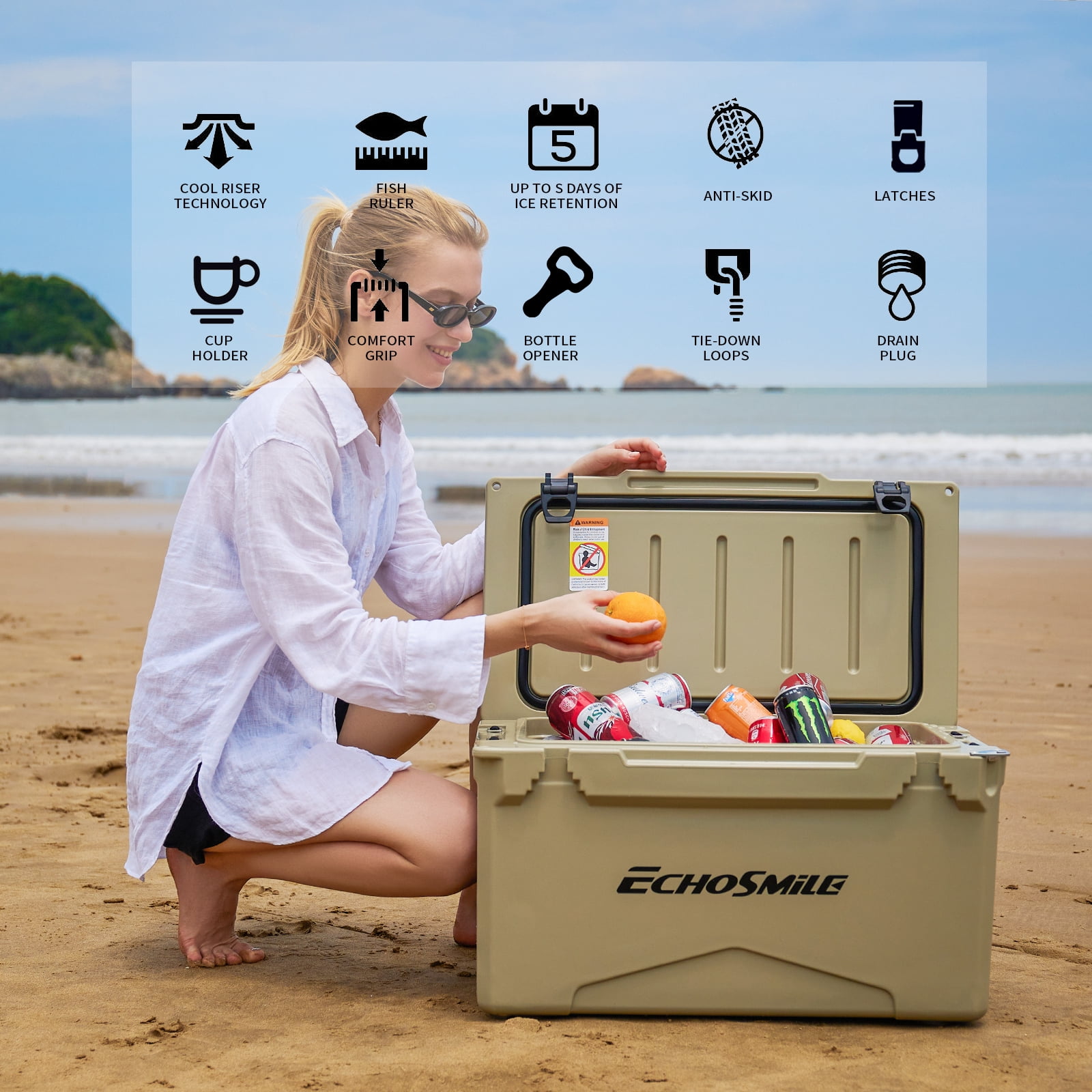 30 QT Ice Chest Cooler Insulated Portable Ice Chest Box for Beach, Drink, Beverage, Camping, Picnic, Fishing, Boat, Barbecue,khaki