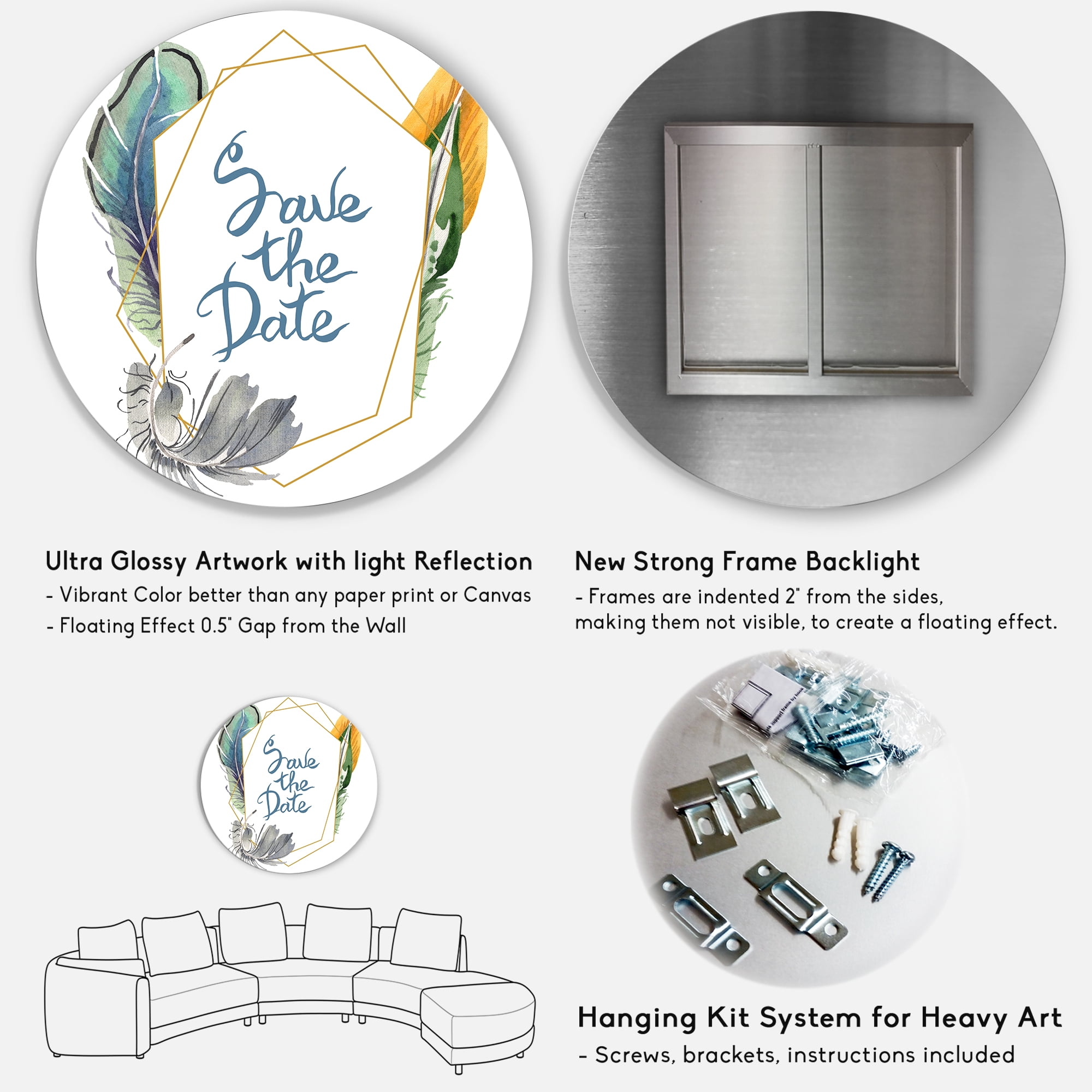 Designart 'Save The Date Bird Blue Feather' Bohemian & Eclectic Circle Metal Wall Art 23x23 - Disc of 23