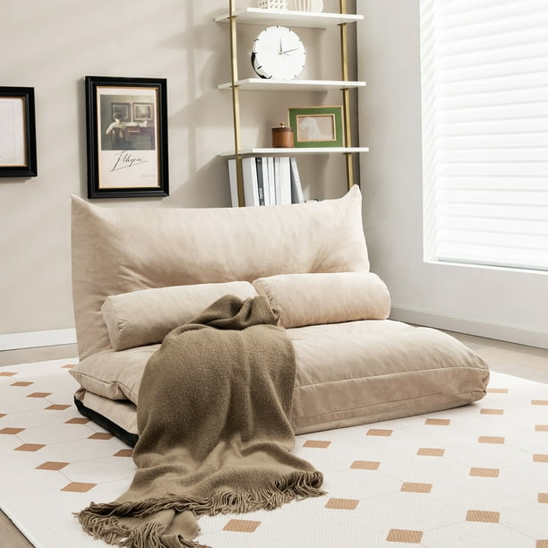 Costway Convertible Lazy Sofa Bed with 42 Level Adjustable Backrest 2 Lumbar Pillows Beige
