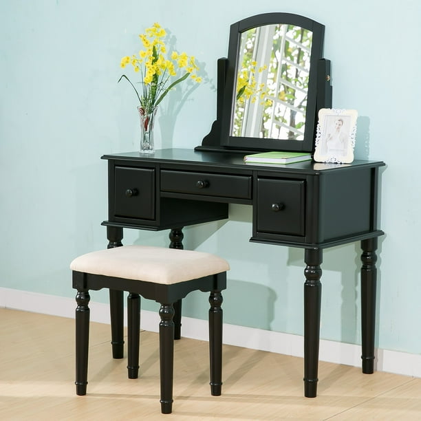 Harper&Bright Designs Wood Vanity Table Set with Mirror and Stool (Black)