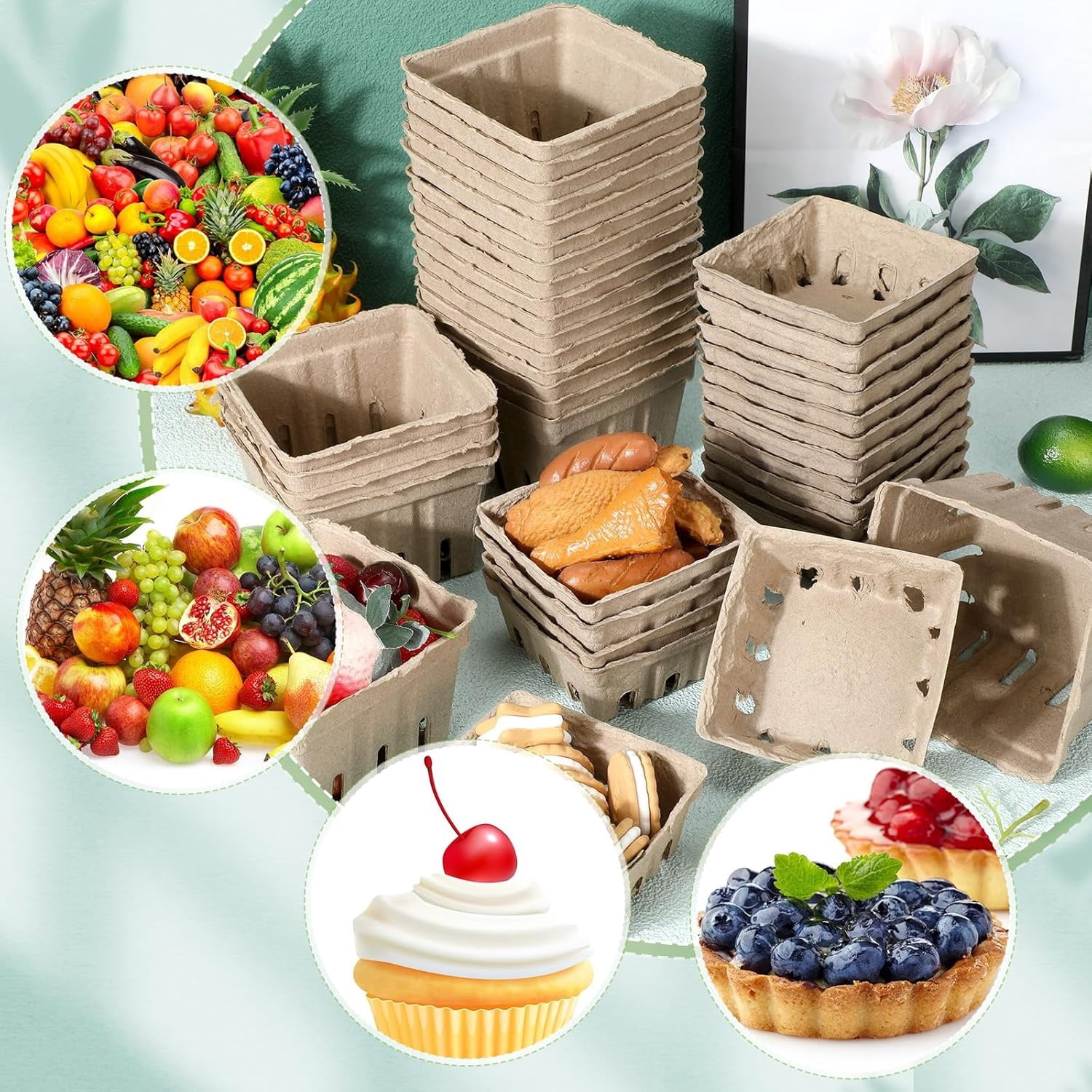 Molded Pulp Fiber Produce Basket,QZS Durable Molded Farmers Market Basket for Raspberry,Strawberry Blueberry Raspberry and Vegetable(40 Pack)