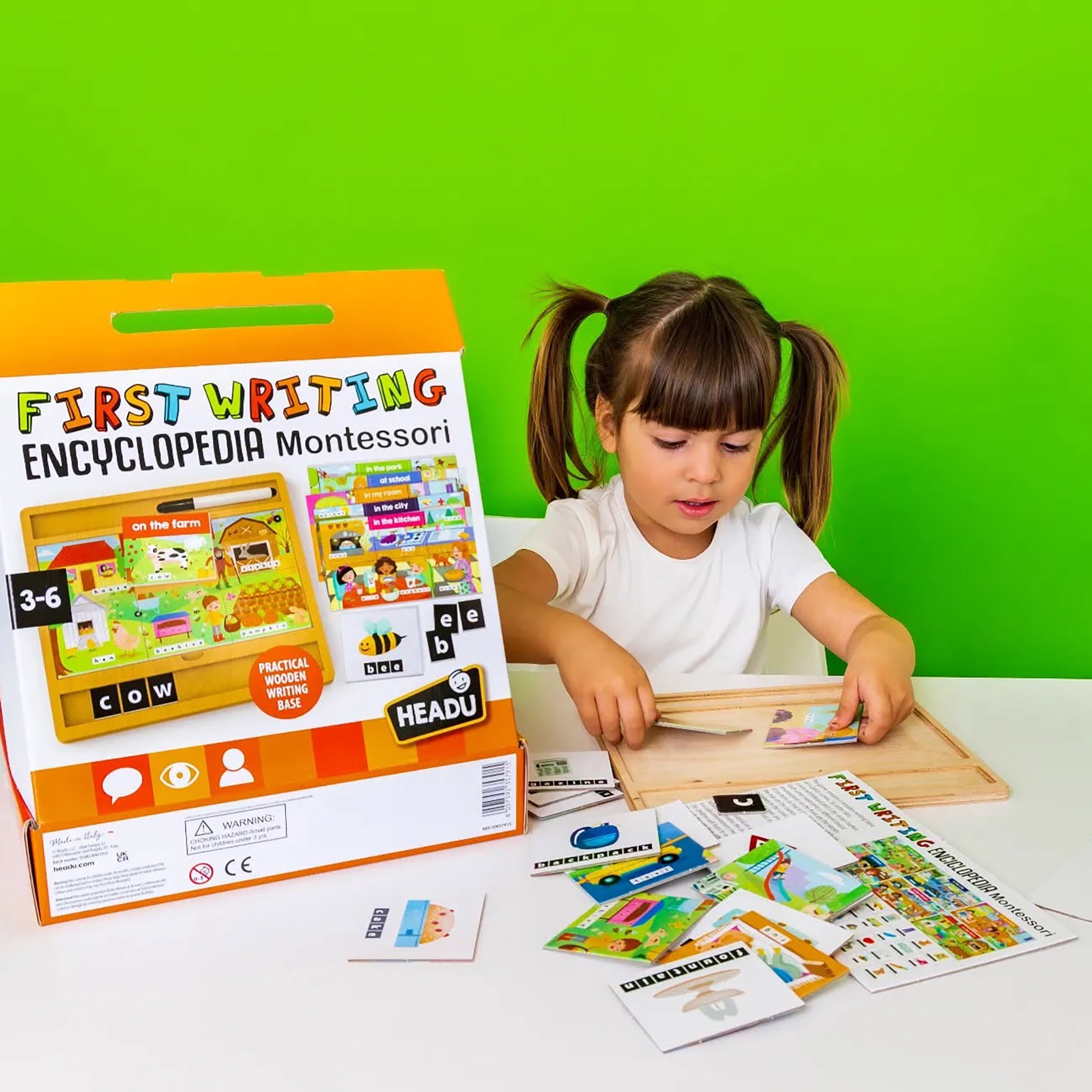 Headu: First Writing Encyclopedia Montessori - Wooden Letter Tracing Board, Dry-Erase Writing Practice, Modular Lexical Scenes, ABC Tiles, Kids 3-6