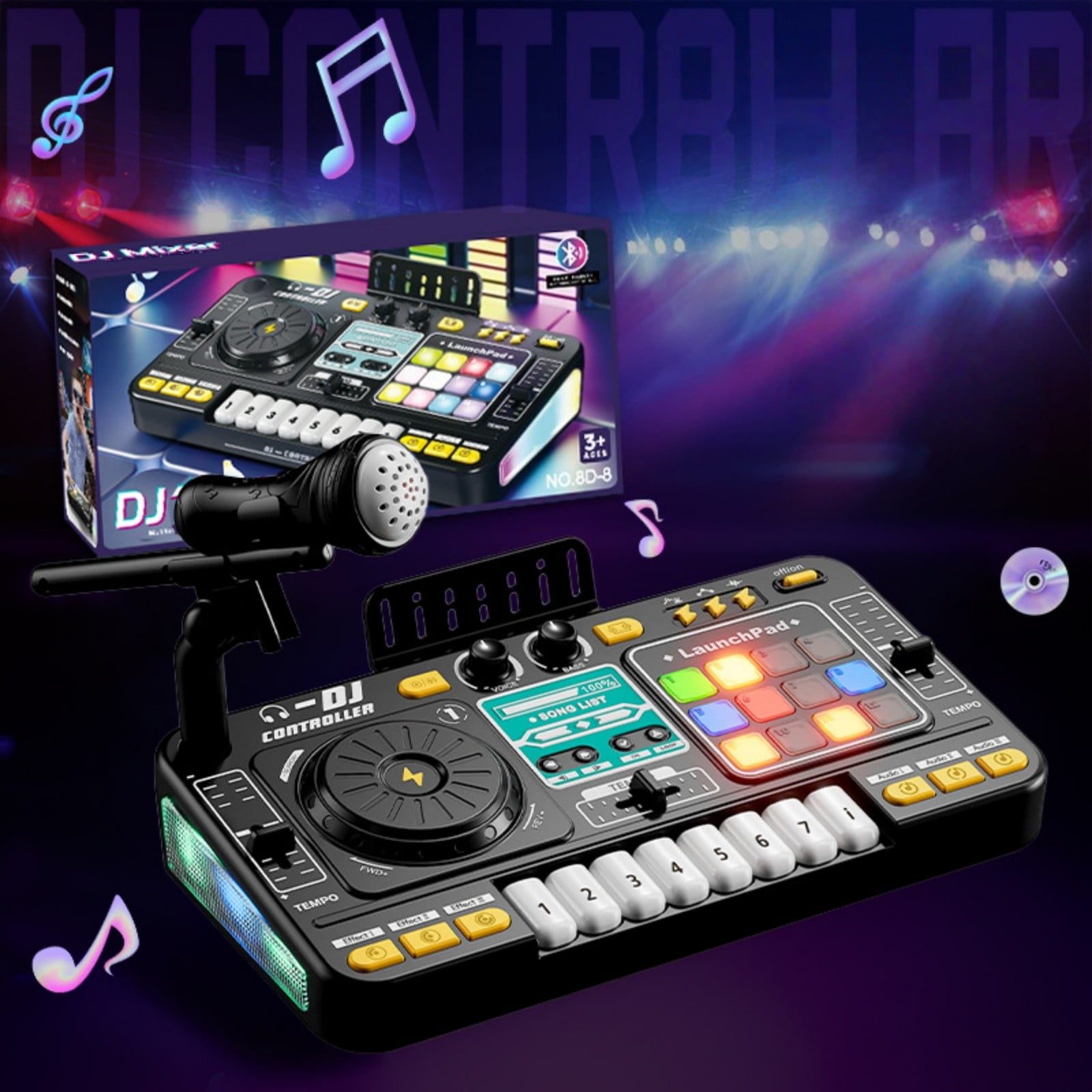 Interactive Kids DJ Mixer With Light Up Buttons Realistic Sound And Built In Microphone For Early Music Education