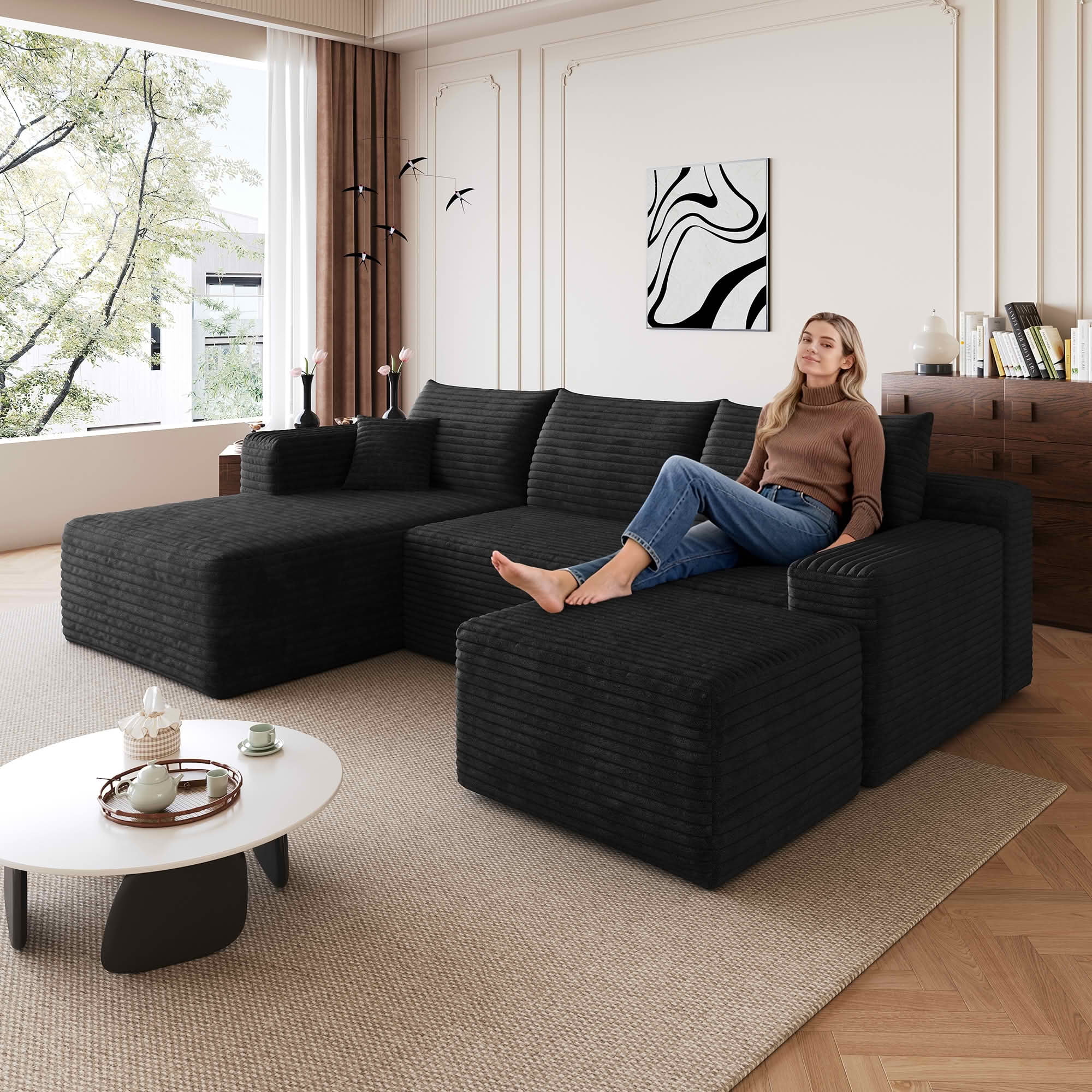 MAYEERTY 95 Inch Cloud U Shaped Sectional Sofa with Ottoman, Plush Corduroy Deep Seat Corner Couch, No Assembly Modern Minimalist Sofa for Living Room