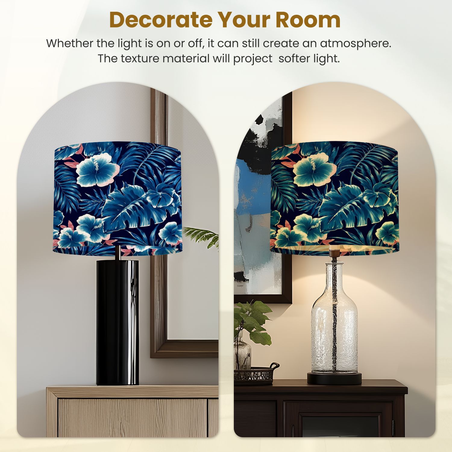 Lamp Shades Set of 2 Easy Assembly white shine tropical plants fashionable navy blue Drum Lampshades for Table Lamps Floor Lamps Pendant Light 13"x13"x10" Replacement Lamp Shade