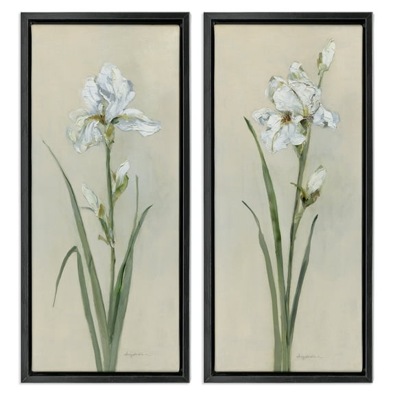 Stupell Industries White Irises Traditional Plants & Flowers Painting Black Floater Framed Canvas Art Print Wall Art, 11 x 25, Set of 2