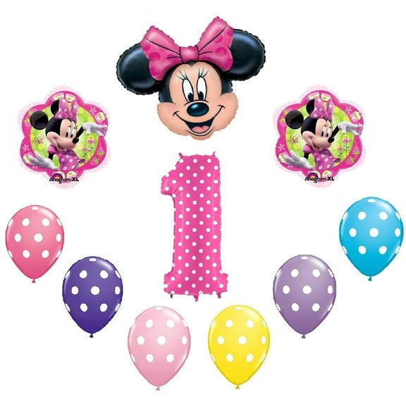 DalvayDelights Minnie Mouse #1 1st Pink Polka Dots Flower Shaped 10 Piece Birthday Party Mylar & Latex Balloon Set