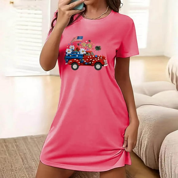 Drppepioner 2024 Clearance Sale Women'S Oversized Short Nightgown Fashion Chest Print Short Sleeve Nightdress，Short Sleeves Sleepshirt Casual Nightgown Hot Pink