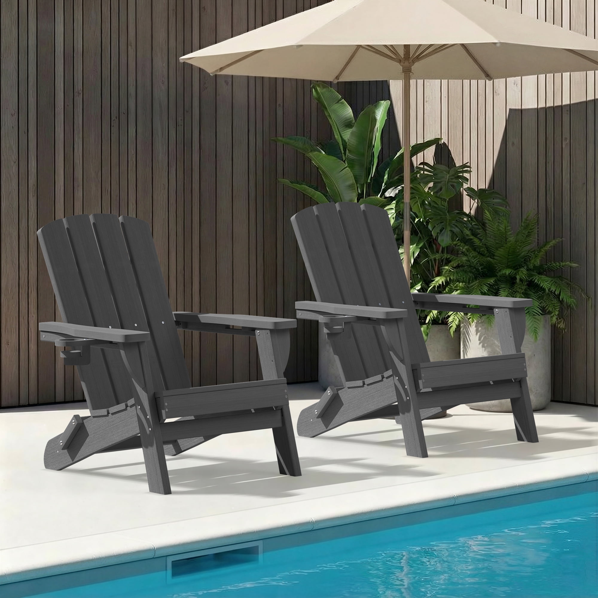 SUUNYN Folding Adirondack Chair, HDPE All-Weather Fire Pit Chairs, Plastic Adirondack Chairs with 2 Cup Holder, Grey