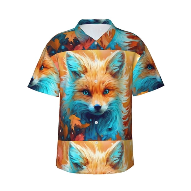 Balery Fiery Red Maple Leaf Fox Camisas hawaianas de manga corta para hombre, camisas playeras de corte holgado, camisas de vacaciones con botones,Small