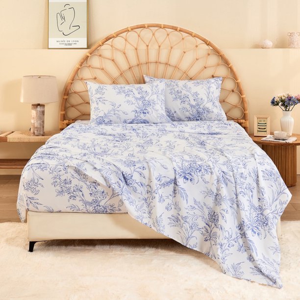 HITIME Juego de Sábanas Tamaño King 4 Piezas Incluye 1 Sábana Plana, 1 Ajustable & 2 Funda de Almohada, Suave Transpirable Microfibra de Poliéster, Diseño Estampado Moderno Fresco y Transpirable