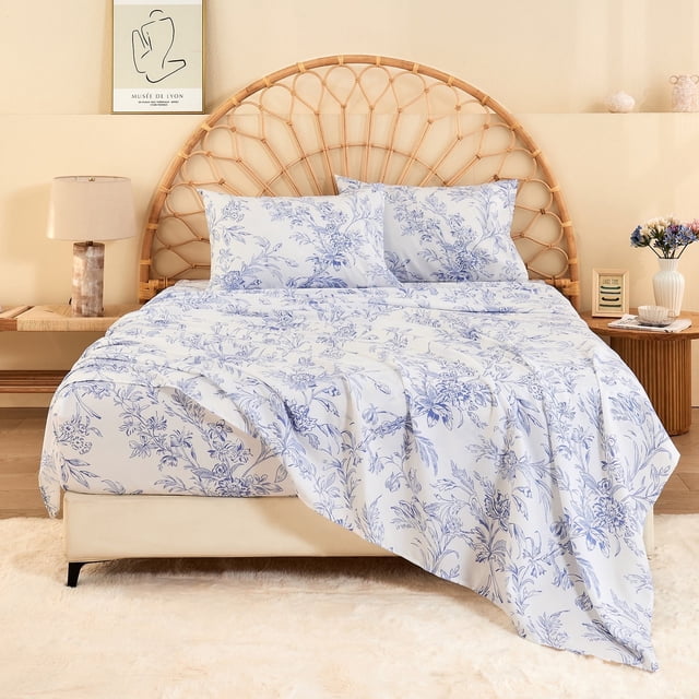 HITIME Juego de Sábanas Tamaño King 4 Piezas Incluye 1 Sábana Plana, 1 Ajustable & 2 Funda de Almohada, Suave Transpirable Microfibra de Poliéster, Diseño Estampado Moderno Fresco y Transpirable