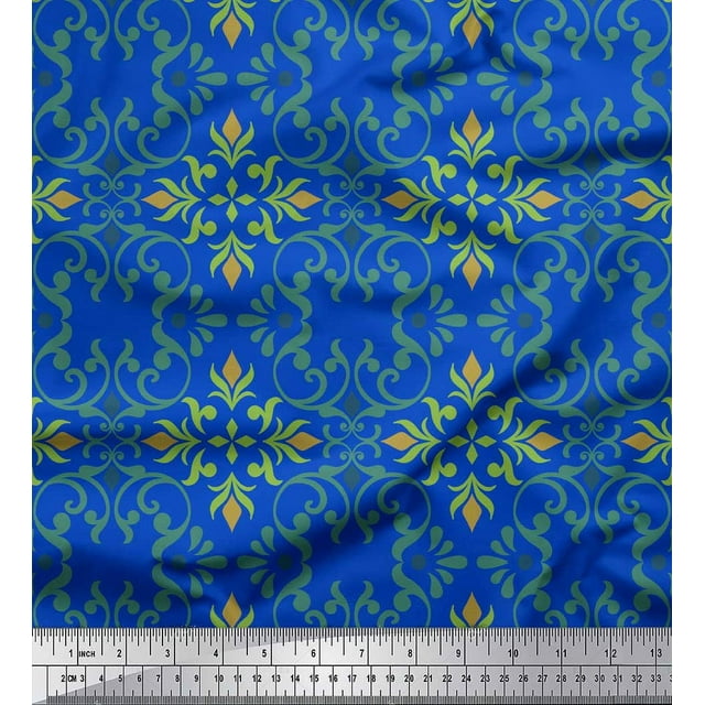 Soimoi Blue Poly Georgette Fabric Moroccan Damask Print Fabric by Yard 52 Inch Wide