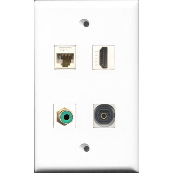 RiteAV 1 Port HDMI and 1 Port RCA Green and 1 Port Toslink and 1 Port Cat6 Ethernet White Wall Plate