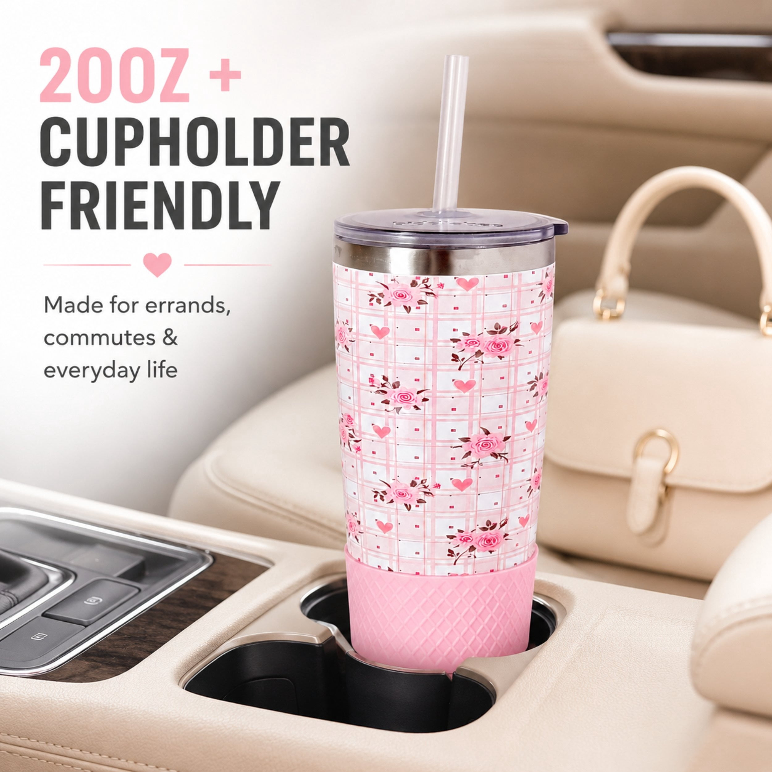 Biddlebee 20oz Insulated Stainless Steel Tumbler with Straw and Silicone Boot, Pink Roses